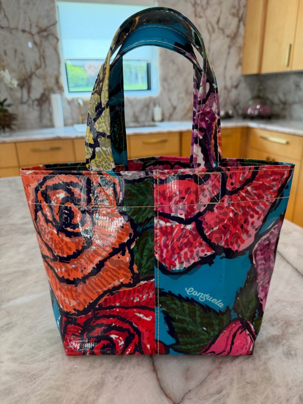 Consuela Floral Mini Tote Bag Bright Rose Print Oilcloth Coated Canvas - Picture 3 of 10